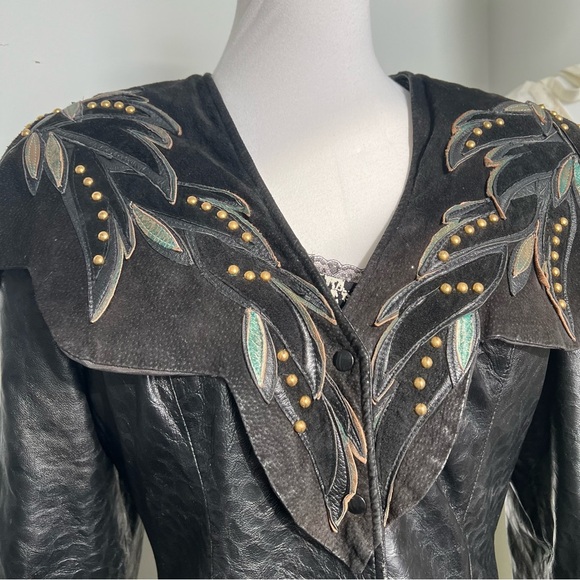 Vintage Genuine Leather Western Jacket Embellished Studded Yoke L - Picture 4 of 9